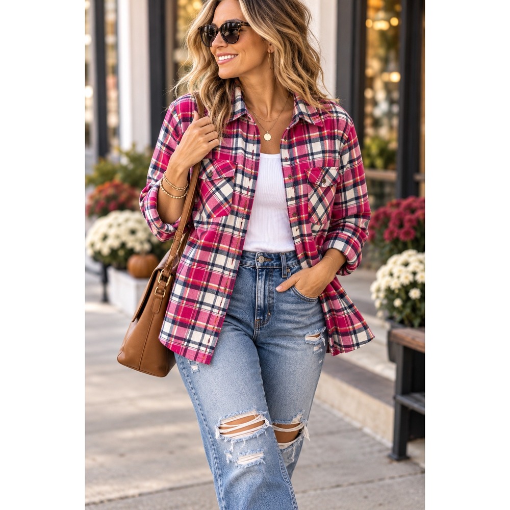 Love Tree Flannel Shirt Womens Medium Pink Plaid Aztec Contrast Yoke Cotton
